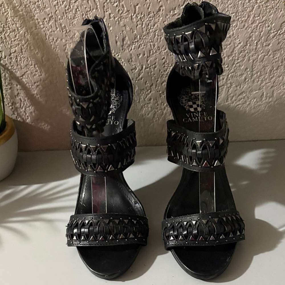 Vince Camuto Black Studded Leather Strappy Heels